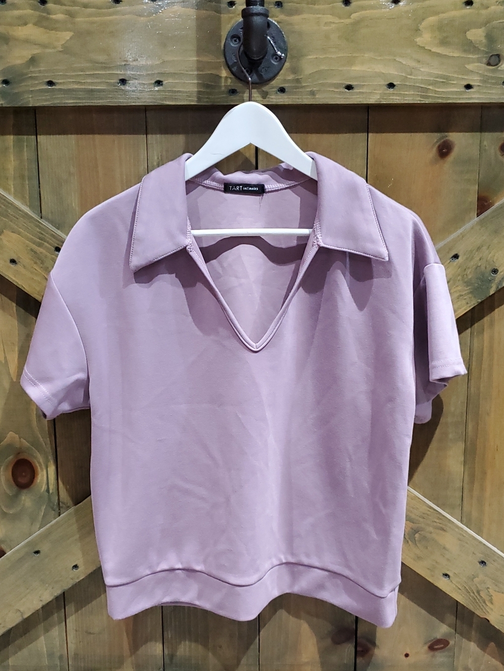 Tart Lavender V-Neck Short Sleeve Polo Top Casual Minimalist Lounge Relax Boxy